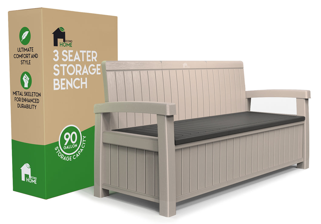 EconoHome 3 Seat Outdoor Storage Bench - 90 Gallon Capacity - Weatherproof Resin Bench for Patio, Porch, Garden, Yard, Pool Area