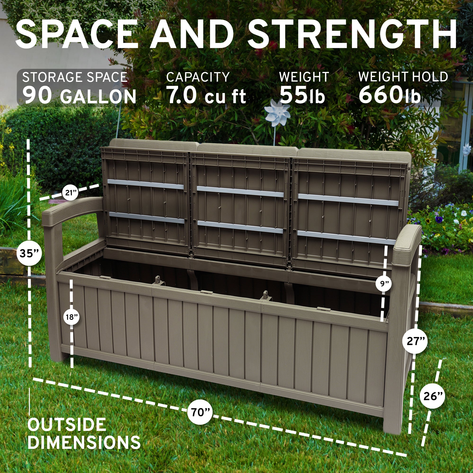 EconoHome 3 Seat Outdoor Storage Bench - 90 Gallon Capacity – Econohome