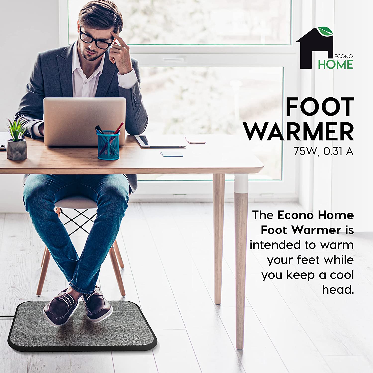 EconoHome Electric Heated Foot Warmer Mat - 75W Foot Heater Under Desk - Heated Floor Mat for Office, Home - Auto Shutoff, No