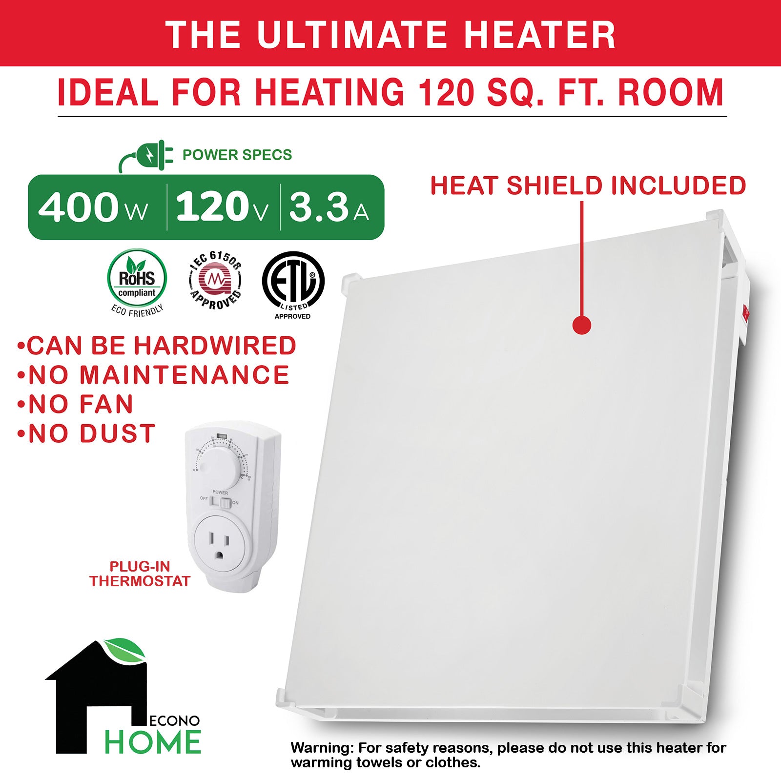 400W Wall Heater With Thermostat and Heat Guard
